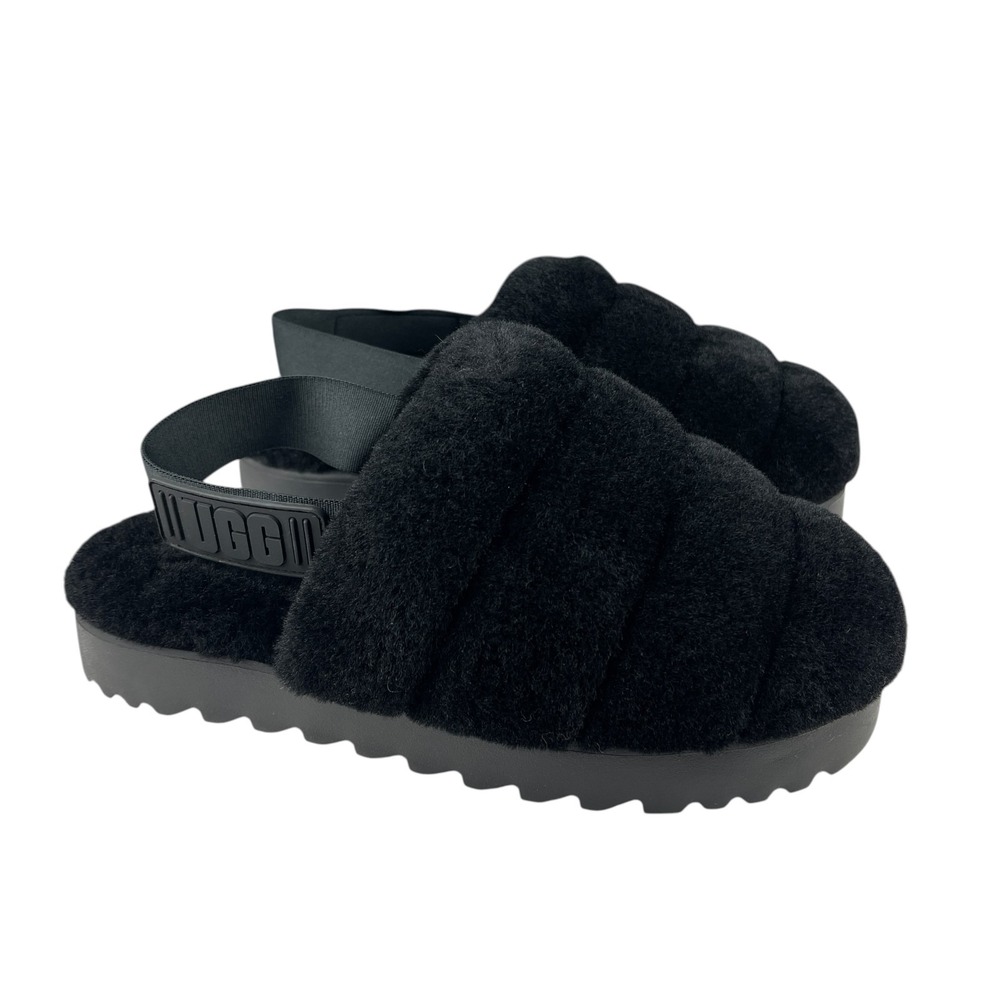 UGG Super Fluff Women's‎ Black Slippers 7 Fuzzy Sheepskin Slingback Sandals